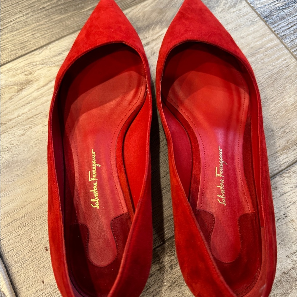 Salvatore Ferragamo Red Suede Pointed-Toe Flats